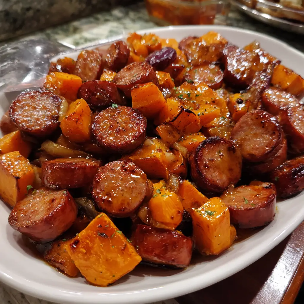 Sausage and Sweet Potatoes with Honey Garlic Sauce Delight!