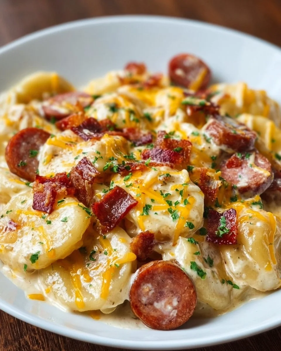 Crockpot Pierogi Casserole with Kielbasa