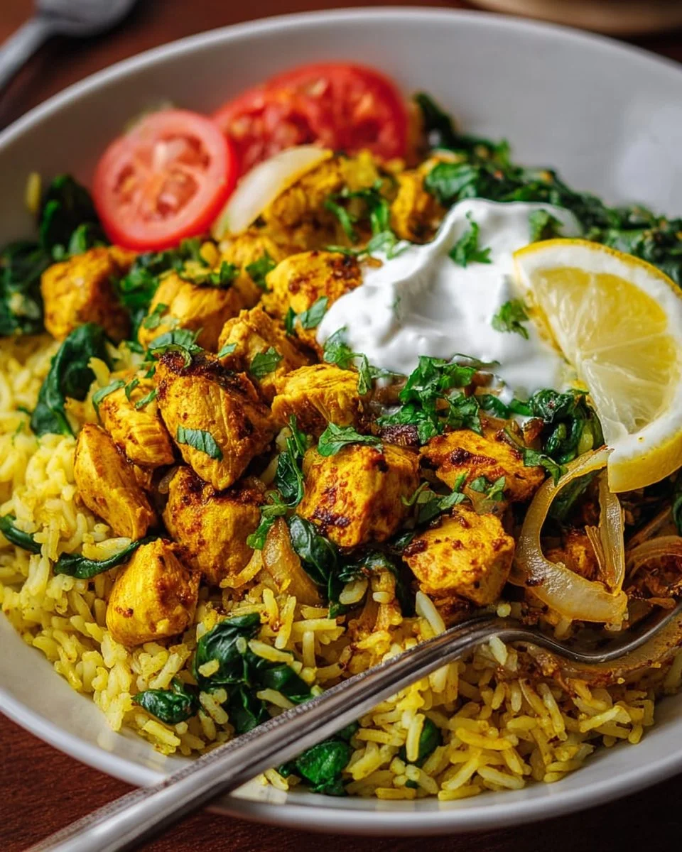 Delicious anti-inflammatory turmeric chicken served with rice