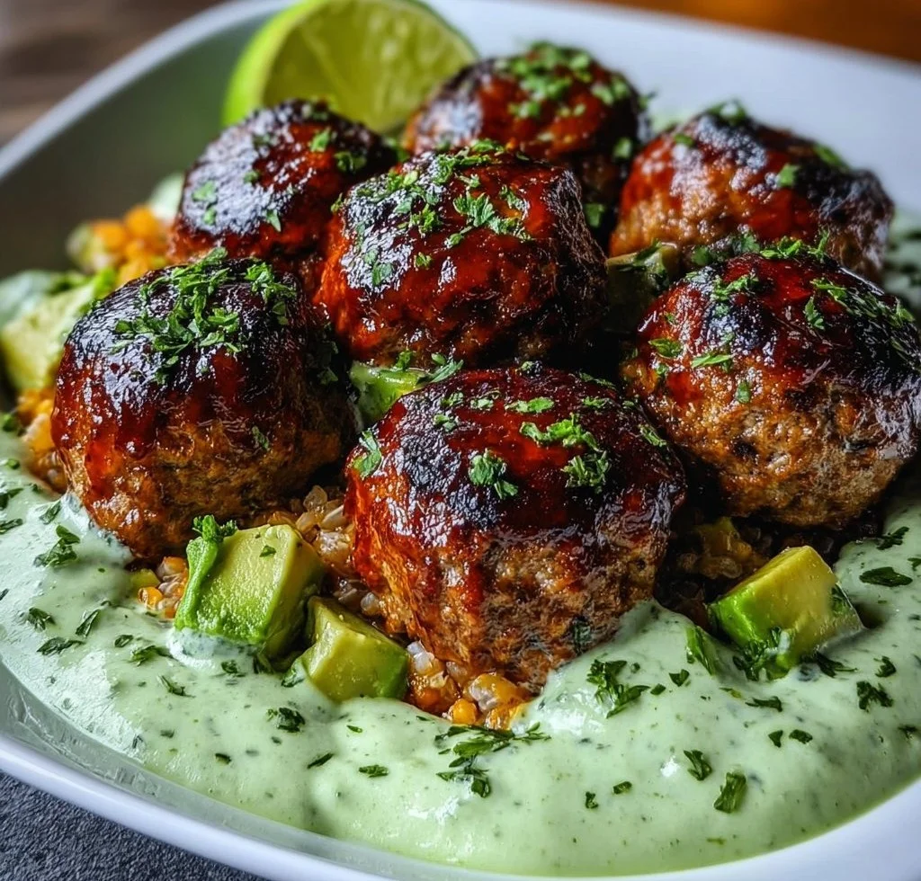 Barbecue Meatball Bowls with Creamy Avocado Sauce