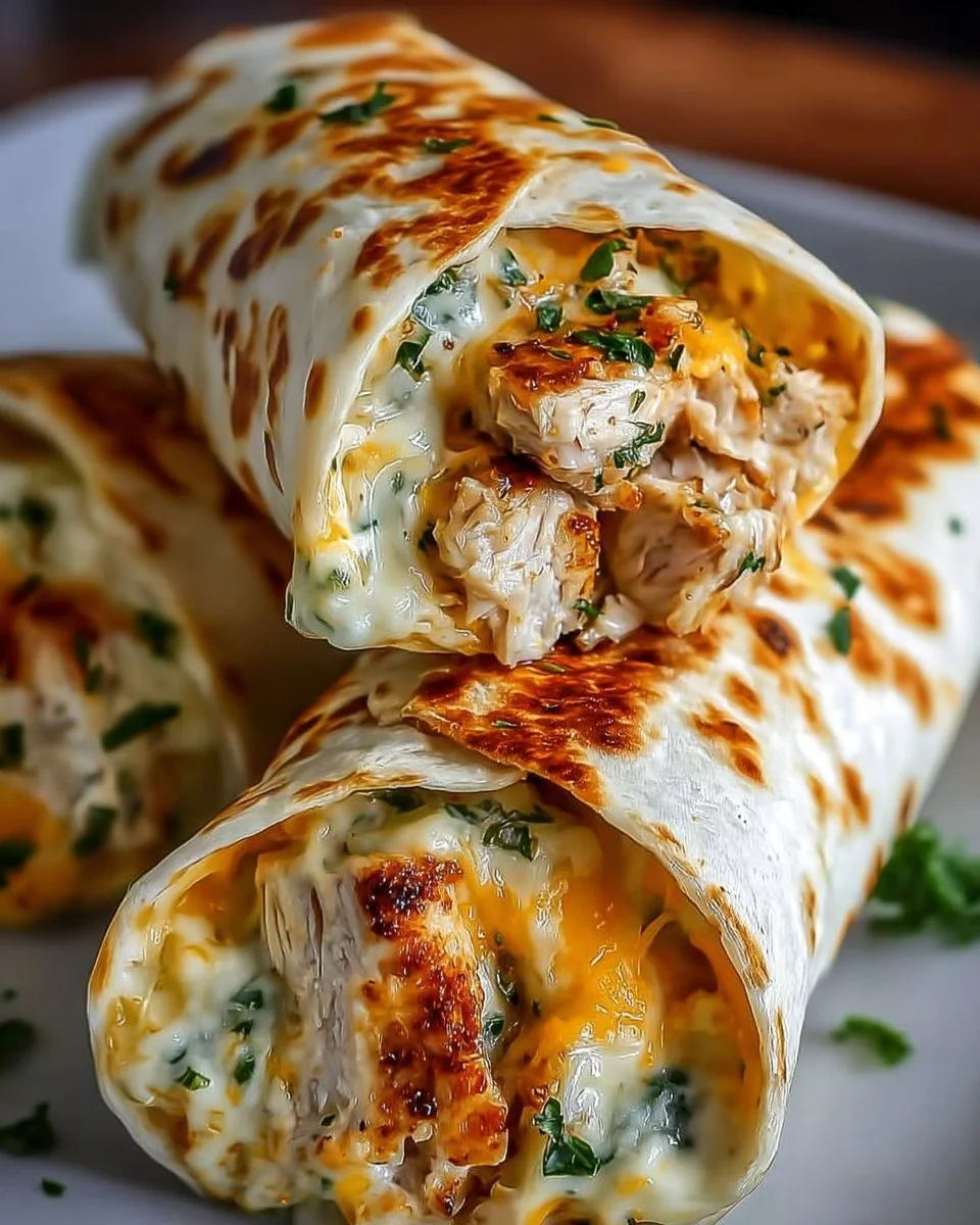 Cheesy garlic chicken wraps served on a plate with fresh ingredients