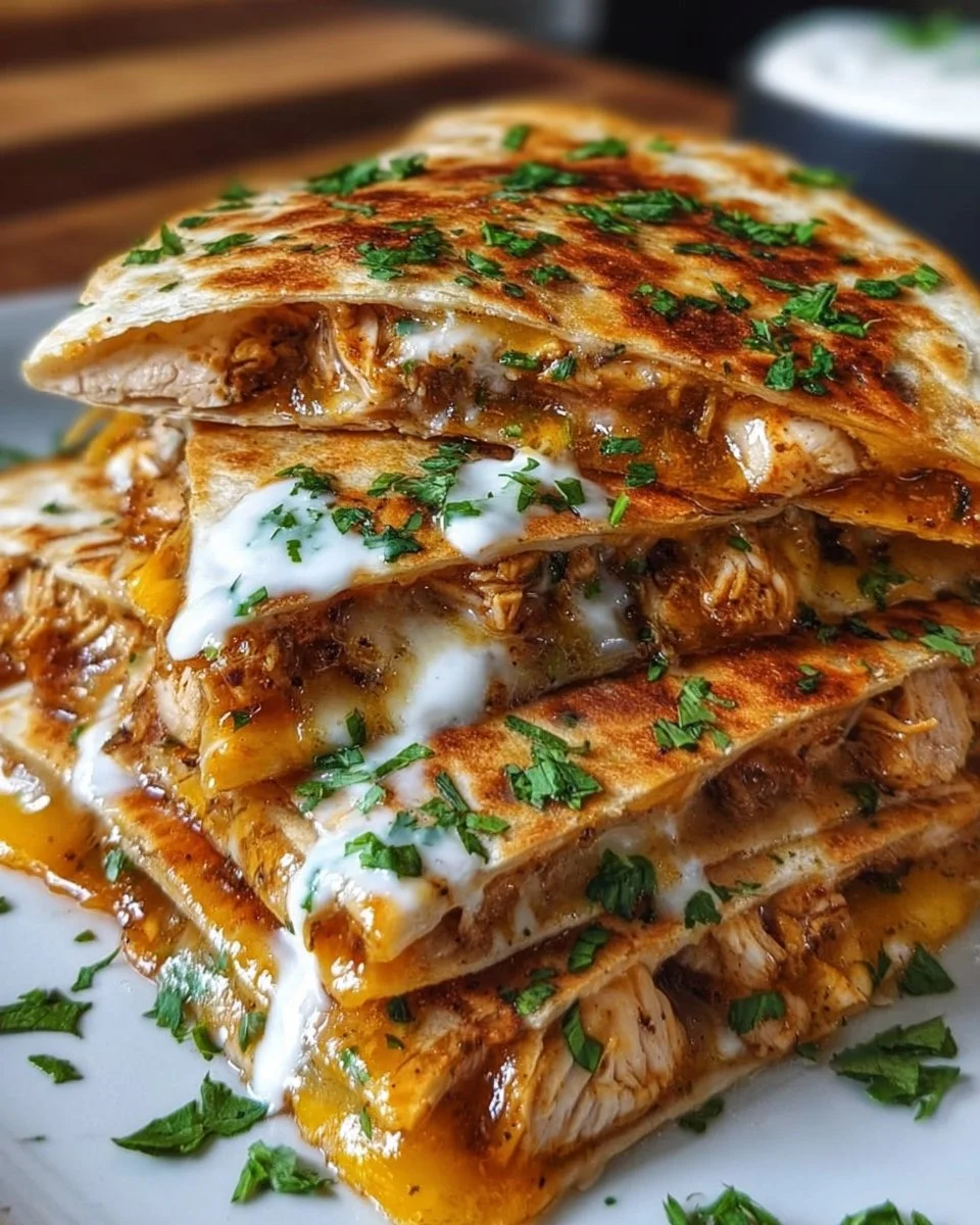 Cheesy hot honey chicken quesadillas with drizzled hot honey and chicken filling