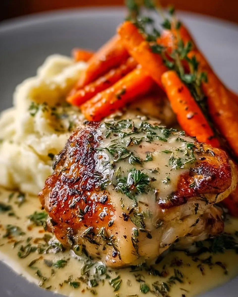 Creamy Herb Chicken with Mashed Potatoes and Honey Glazed Carrots