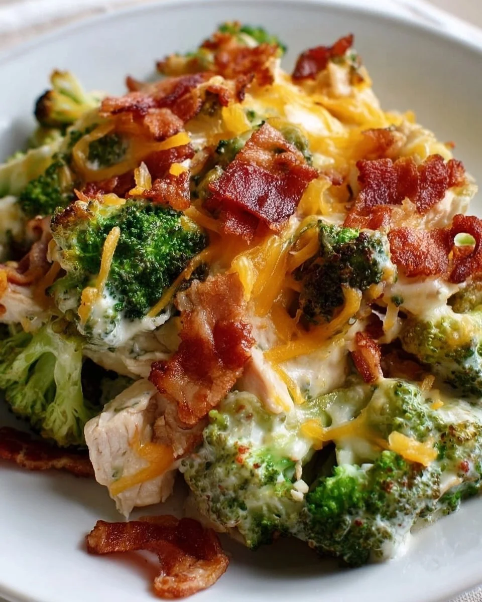 Creamy low carb chicken casserole with broccoli and bacon in a serving dish