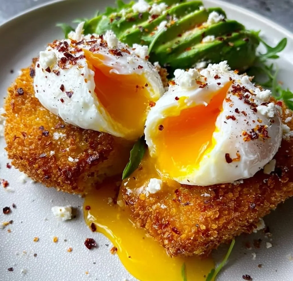 Crispy Panko Crumbed Poached Eggs on Creamy Avocado Toast