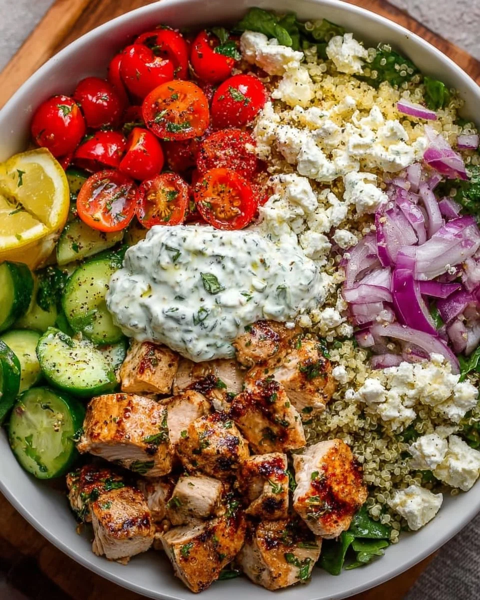 Delicious Greek chicken bowls with fresh vegetables and herbs.