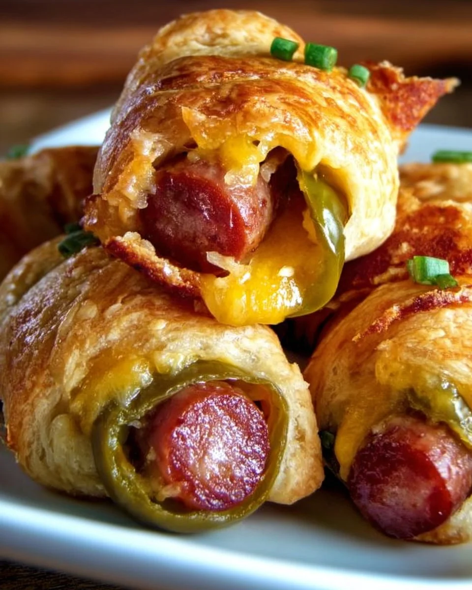 A plate of Jalapeno Popper Pigs in a Blanket appetizers with melted cheese and jalapenos.