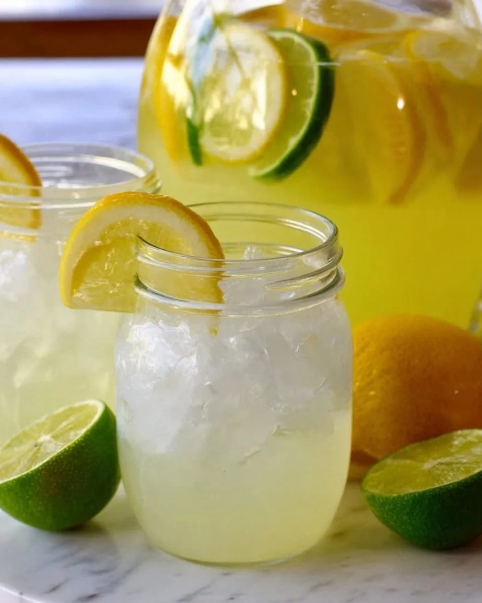 Lemon Lime Vodka Party Punch in a glass with fresh citrus garnishes.