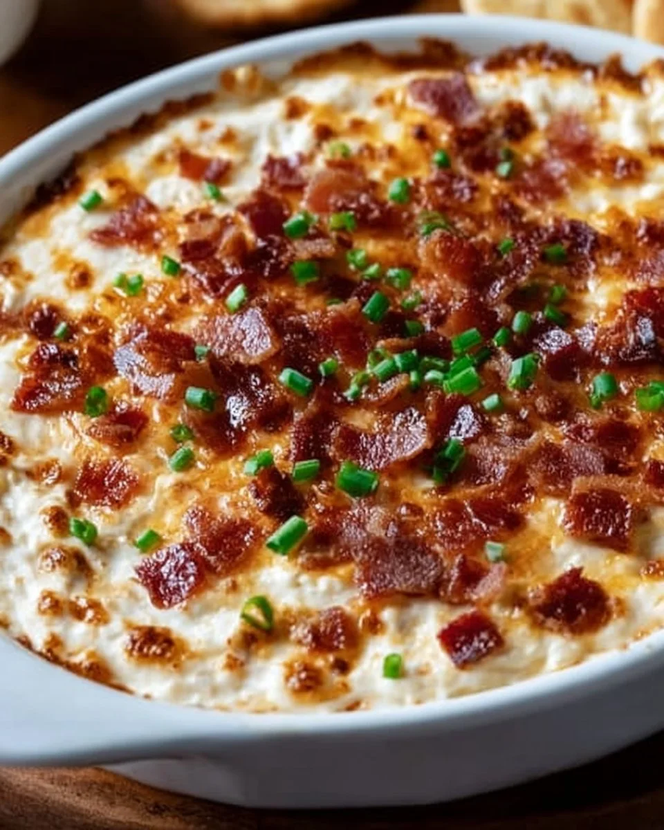 Creamy Spicy Gouda Bacon Dip served in a bowl with crispy bacon pieces on top.