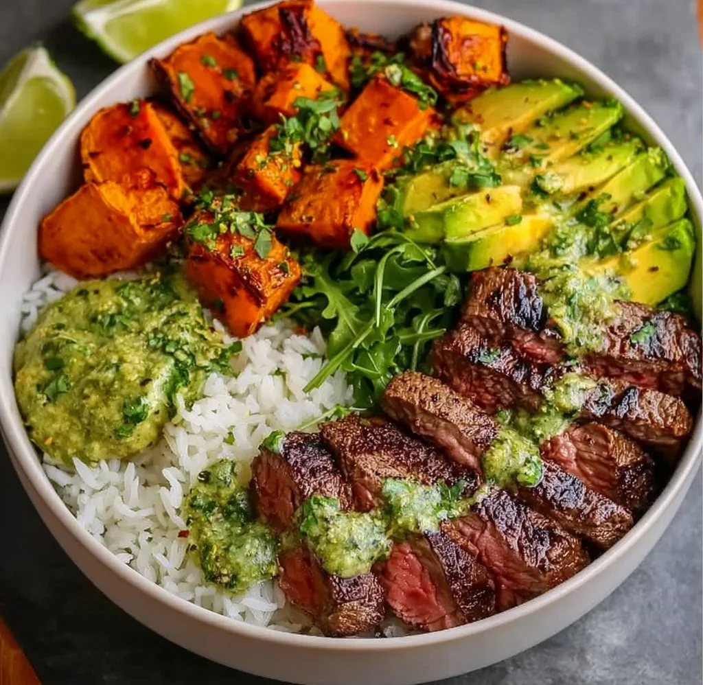 Steak and Sweet Potato Bowls with Avocado-Cilantro Drizzle