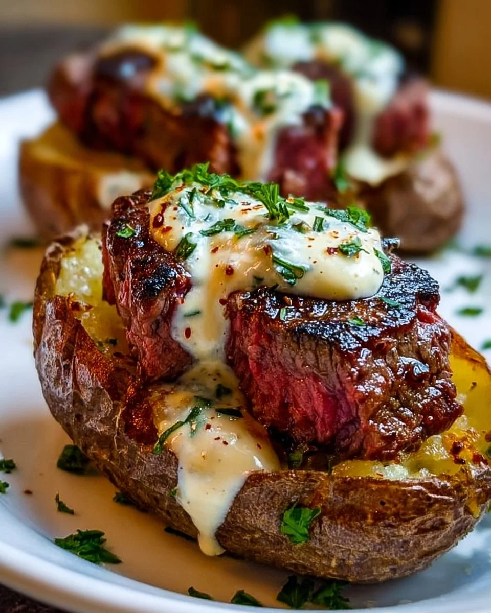 Steak-Stuffed Baked Potatoes with Parmesan Cream Sauce