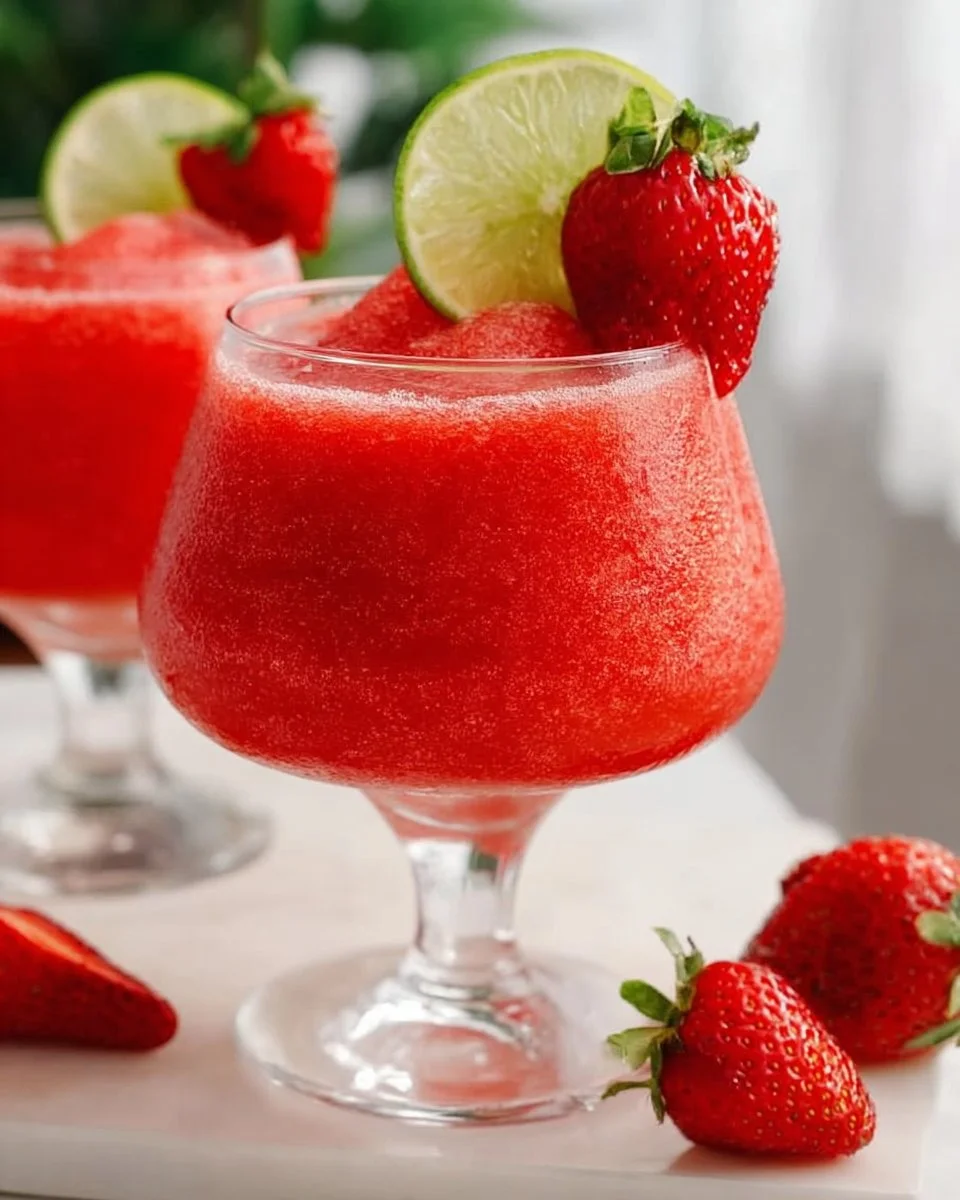 Delicious Strawberry Daiquiri served in a chilled glass with fresh strawberries