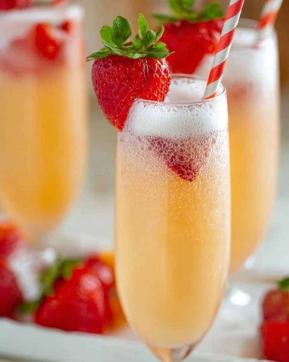A refreshing Strawberry Mimosa in a glass garnished with fresh strawberries.