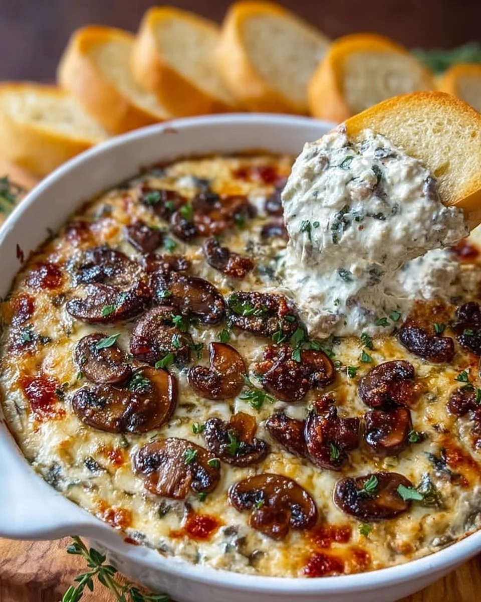 Delicious stuffed mushroom dip in a serving dish garnished with herbs