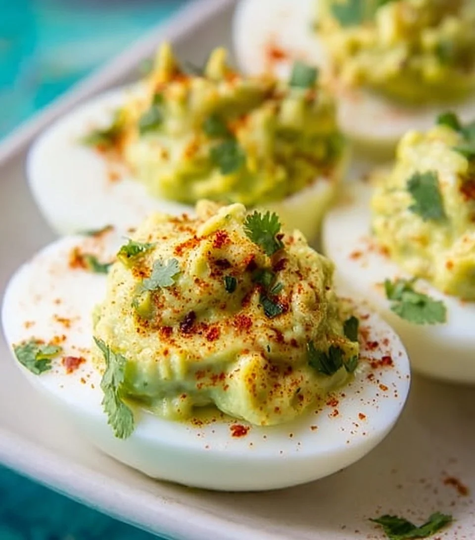 Avocado deviled eggs garnished with paprika and herbs on a platter.