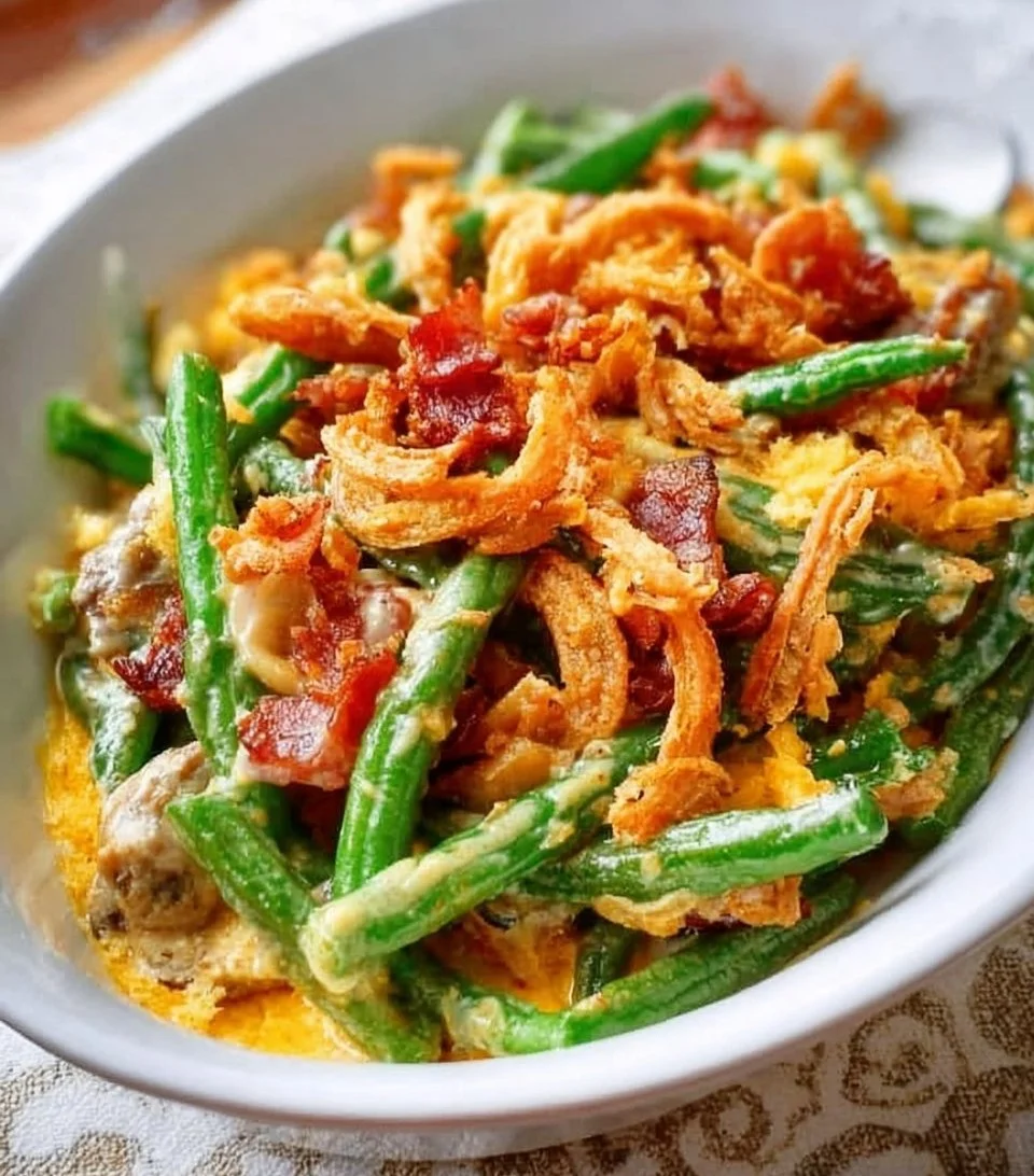 Cheesy Green Bean Casserole with Bacon