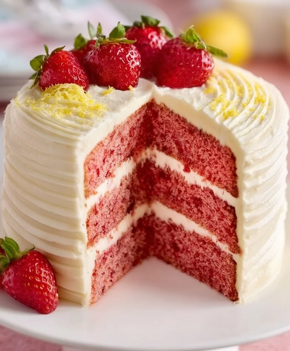 Homemade Strawberry Cake with Lemon Frosting