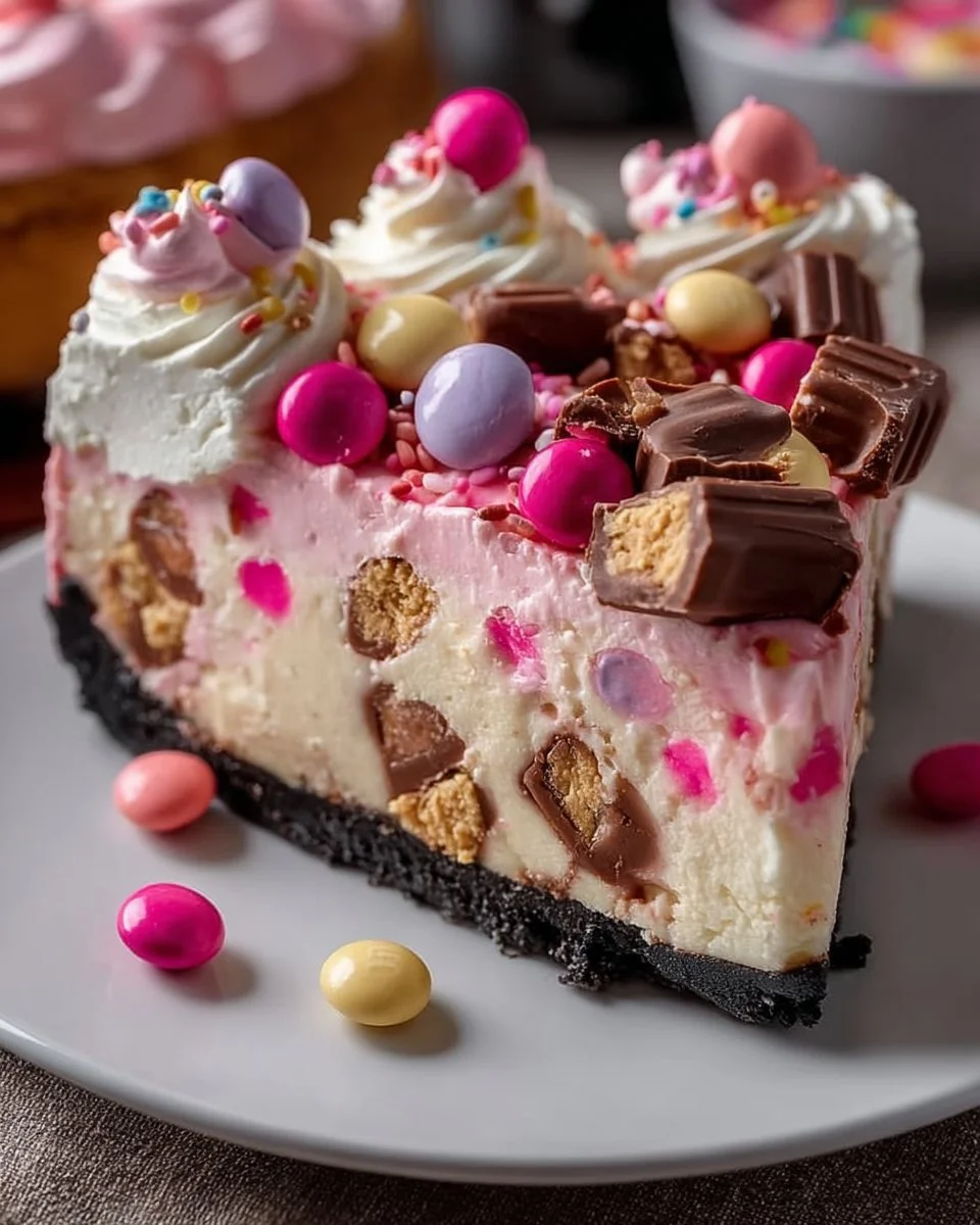 Pink M&M Snickers Cheesecake