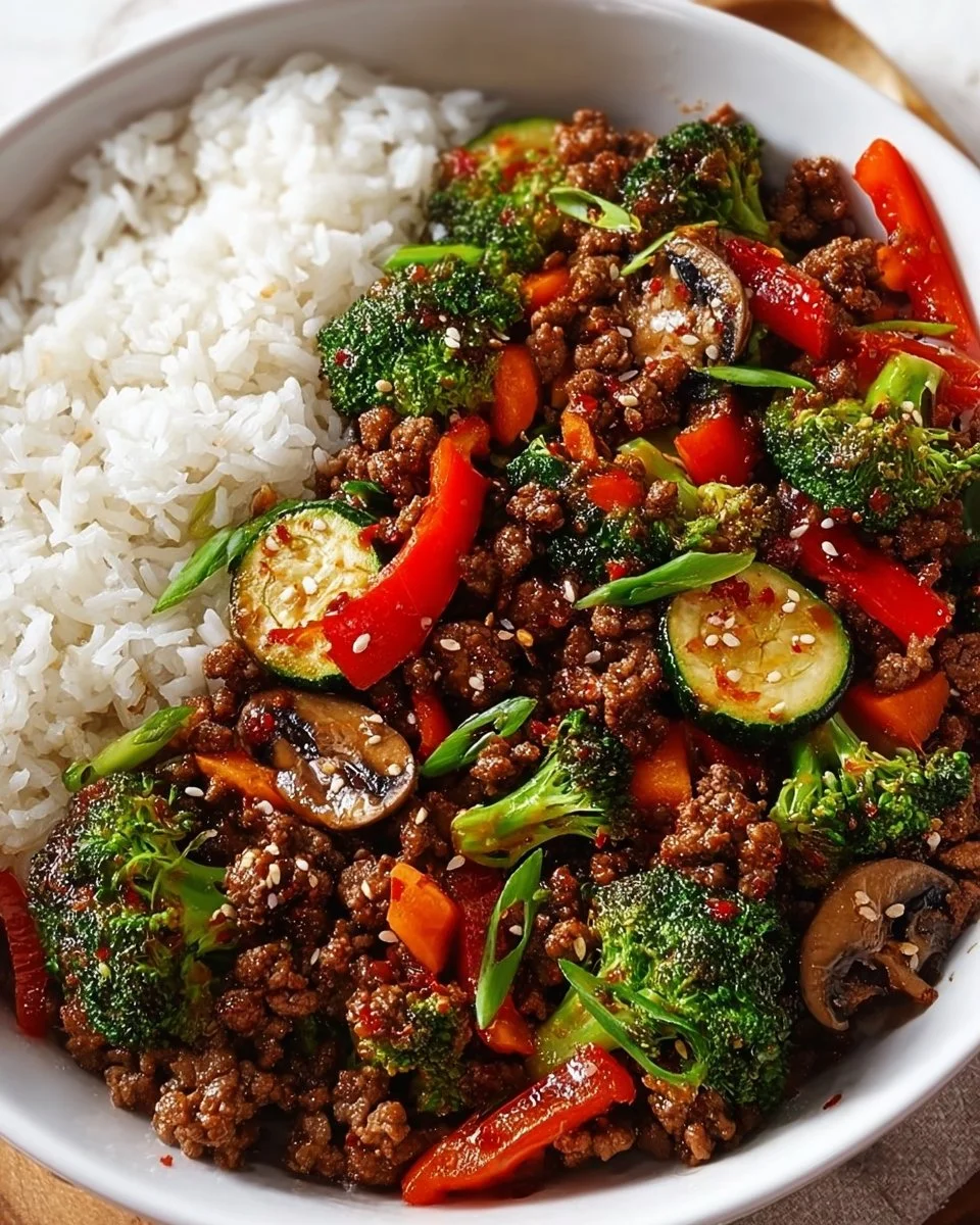 Spicy Ground Beef Stir-Fry Bowl with Garlic Veggies