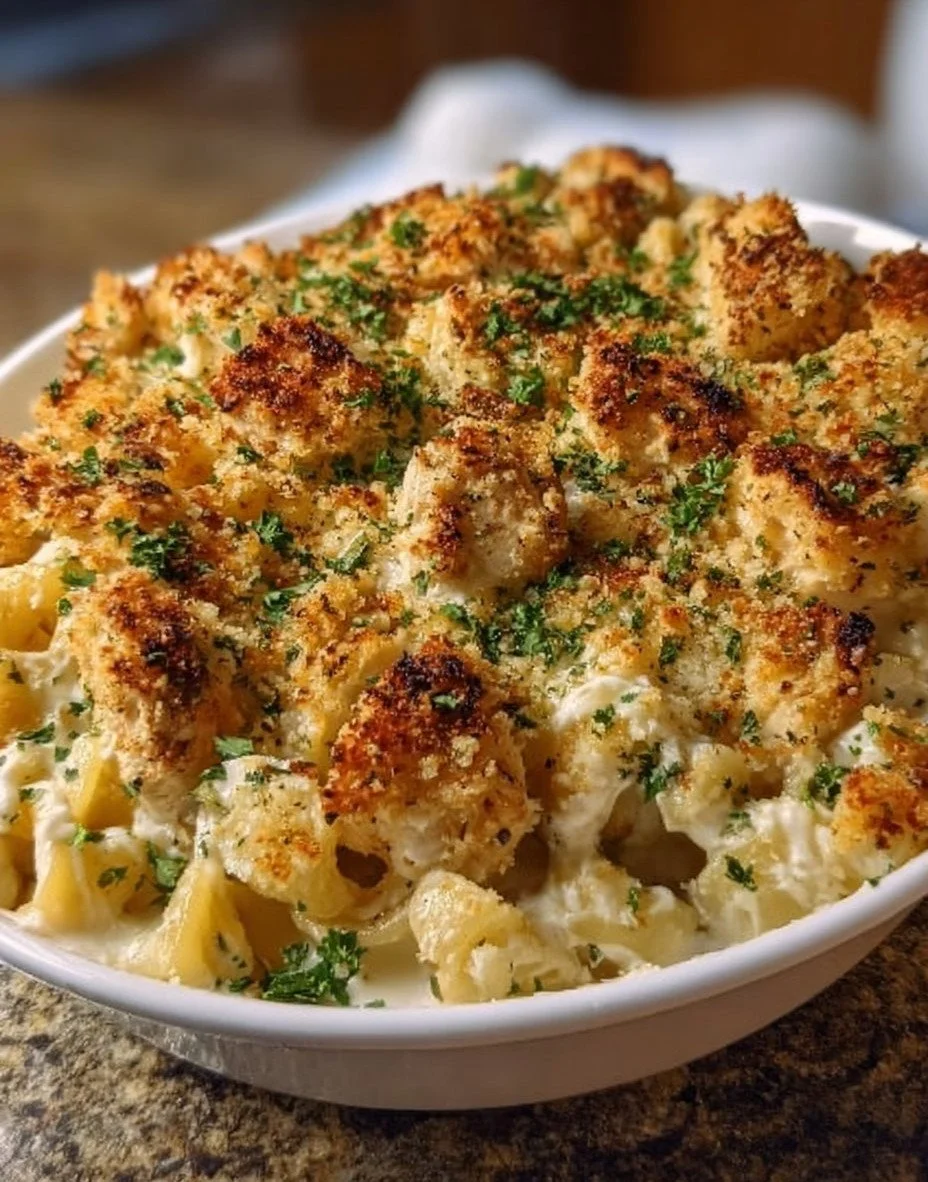 Crispy Garlic Parmesan Chicken Alfredo Bake