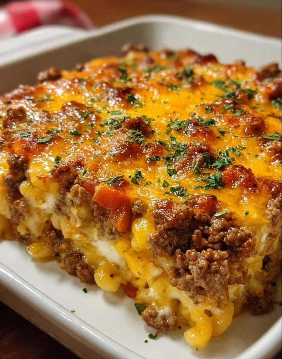 Easy Ground Beef Casserole with Creamy Cheesy Layers