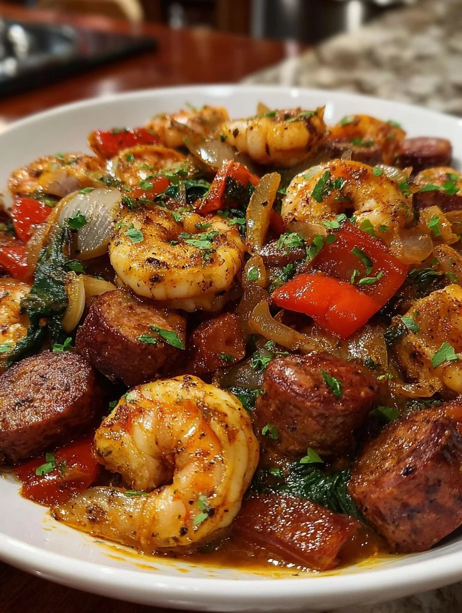 Smothered Shrimp and Beef Sausage Skillet