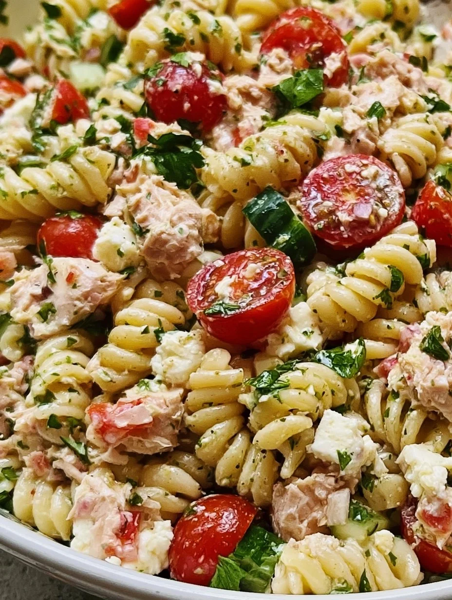 Pasta salad with tuna, fresh vegetables, and feta