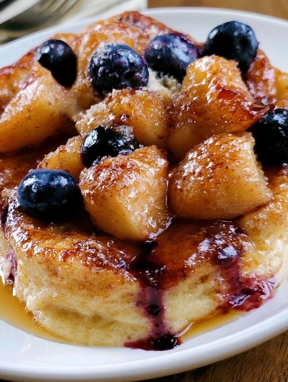 Pouding à l’érable, pommes et bleuets