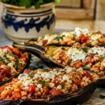 Aubergines farcies au boulgour, tomates et feta