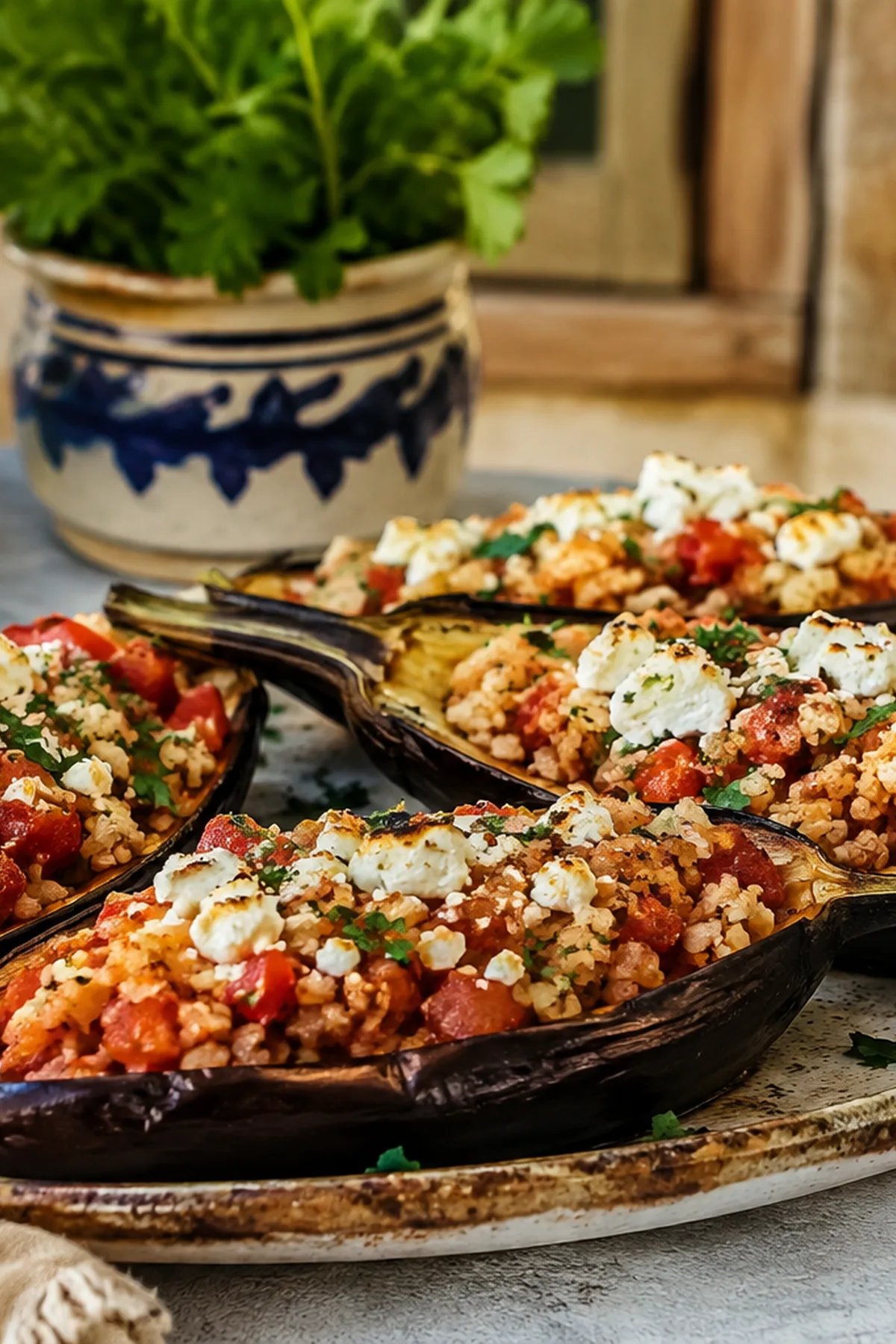 Aubergines farcies au boulgour, tomates et feta