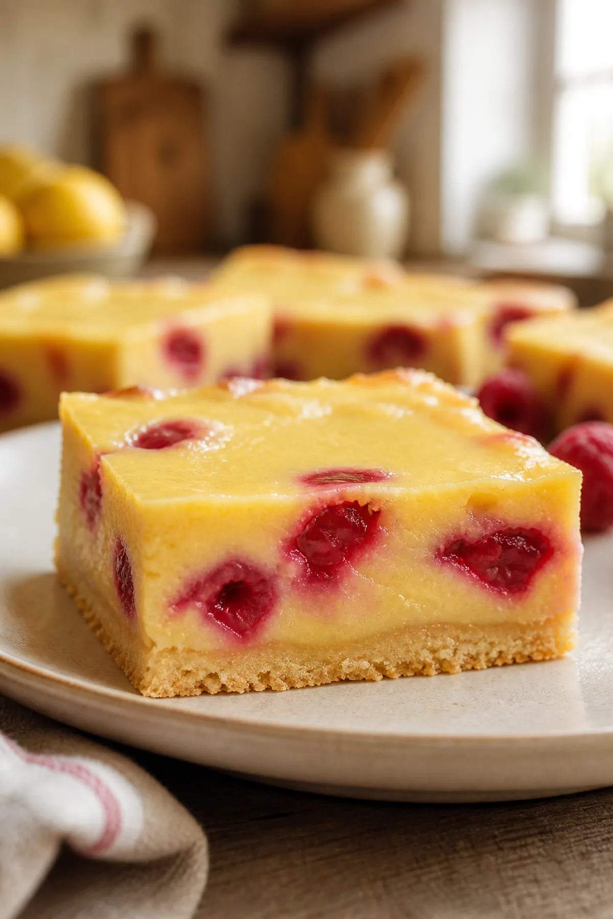 Carrés fondants au citron et aux framboises prêt à servir