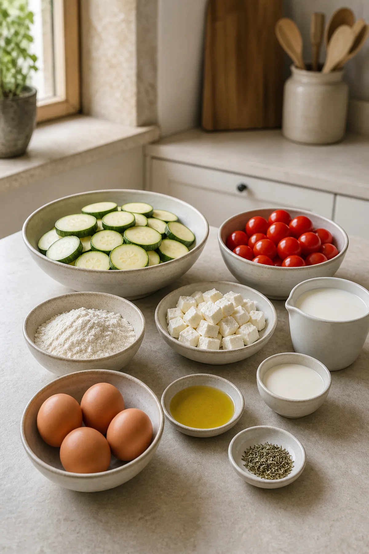Ingrédients pour Clafoutis salé aux courgettes, feta et tomates cerises