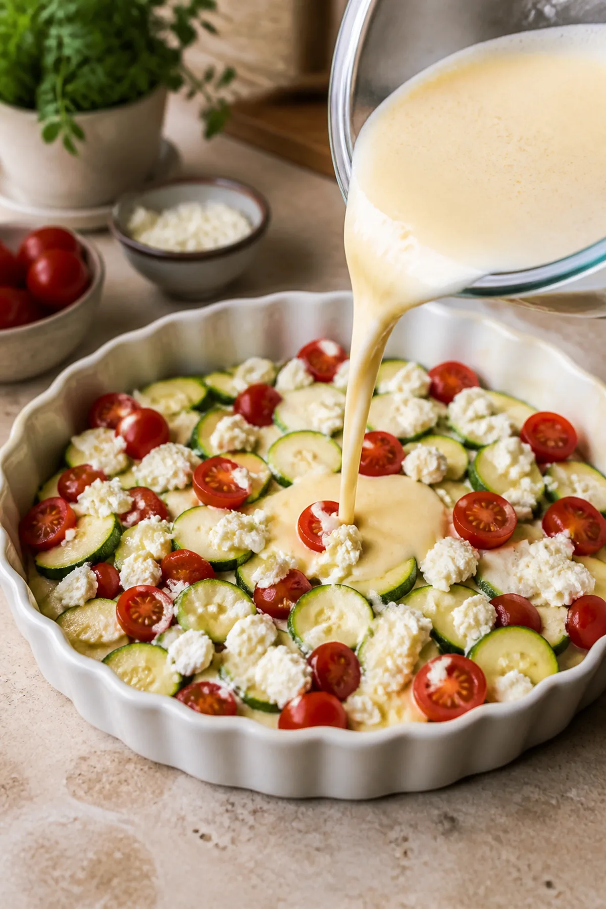Étape de préparation de Clafoutis salé aux courgettes, feta et tomates cerises