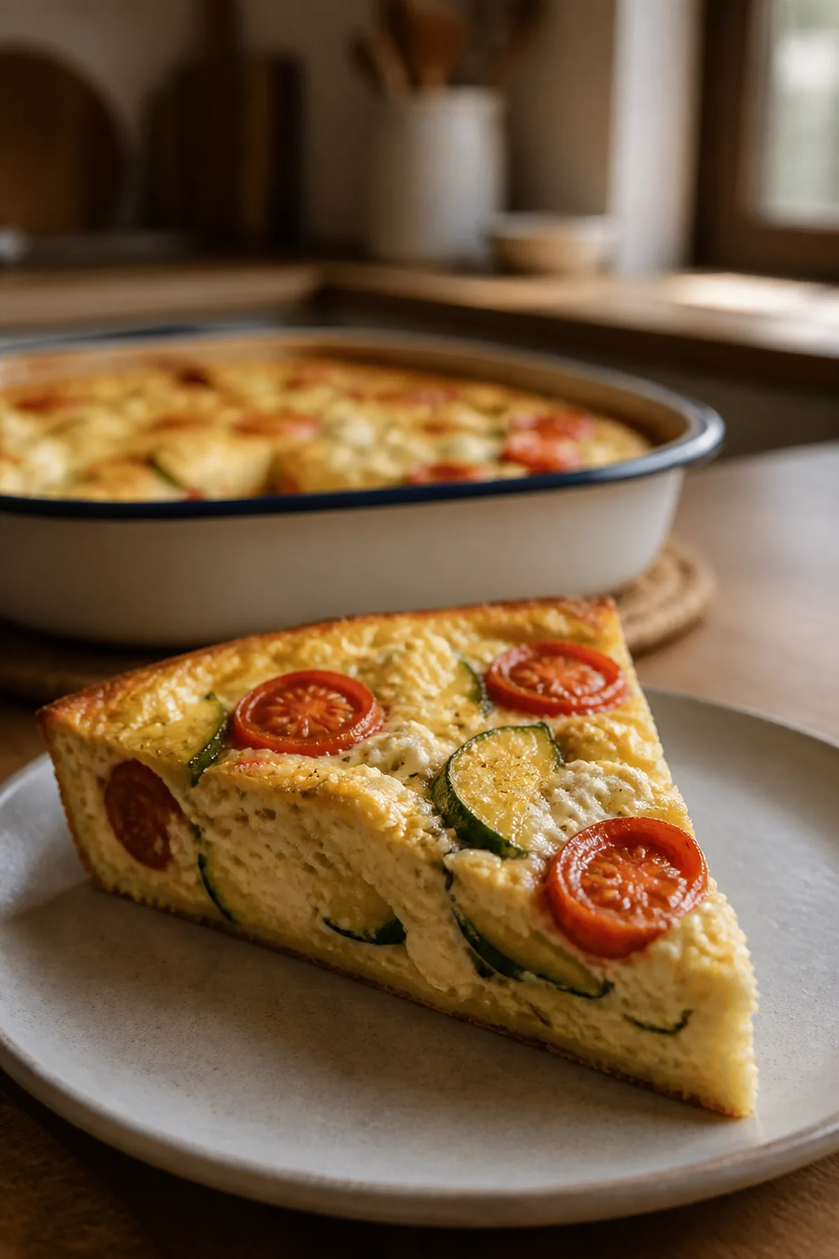 Clafoutis salé aux courgettes, feta et tomates cerises prêt à servir