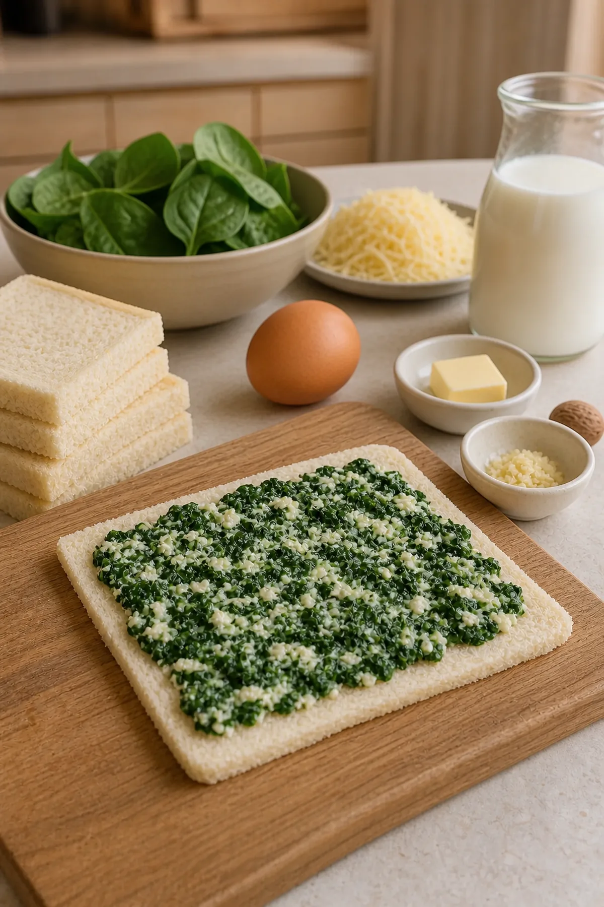 Garniture aux épinards et à la ricotta étalée sur le pain de mie
