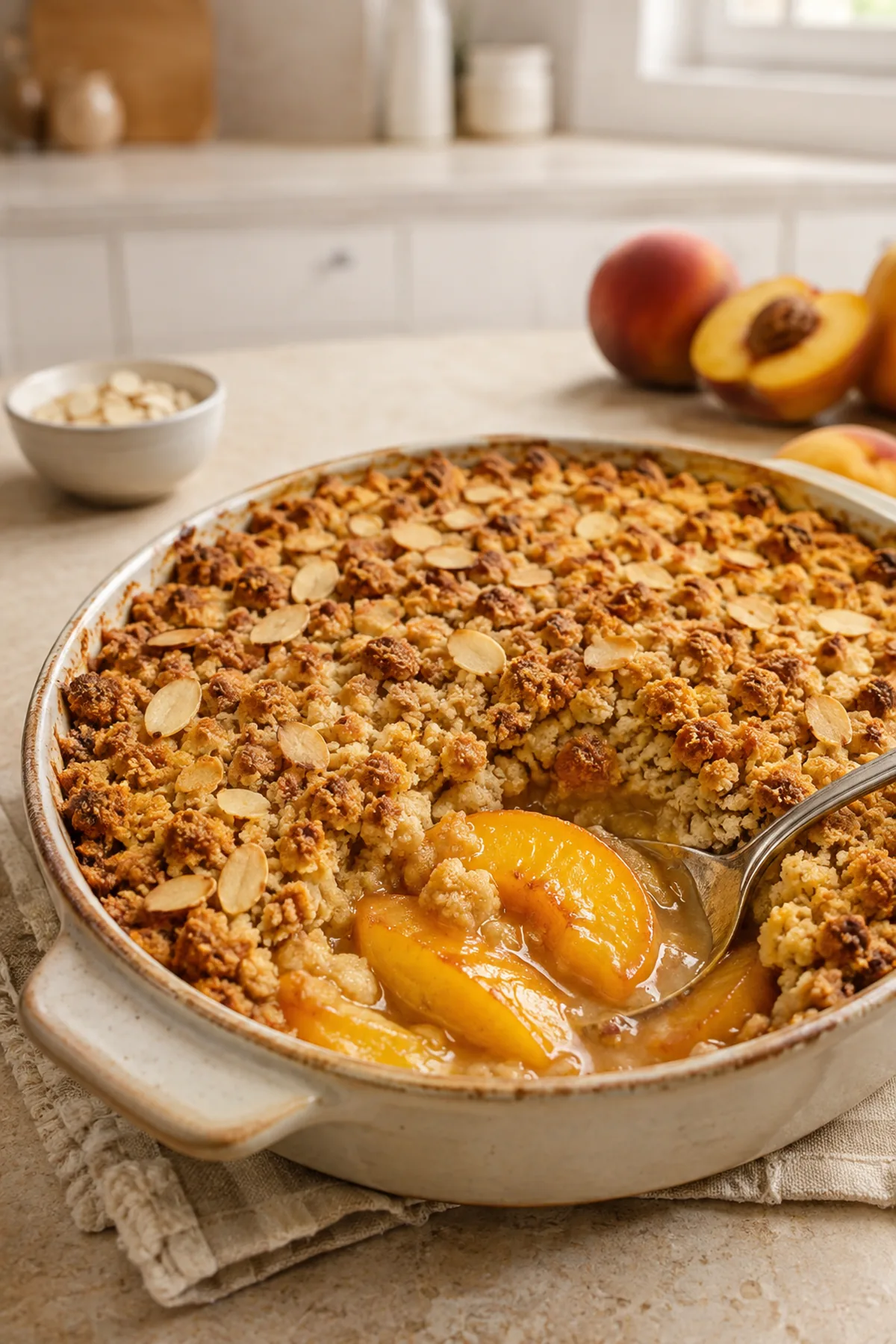 Crumble de pêches à la vanille et aux amandes