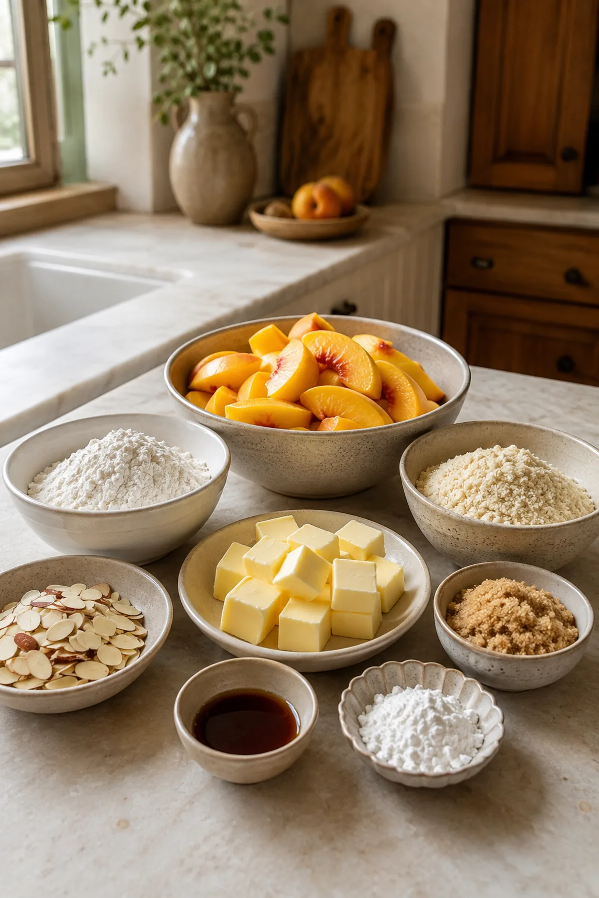 Ingrédients pour Crumble de pêches à la vanille et aux amandes