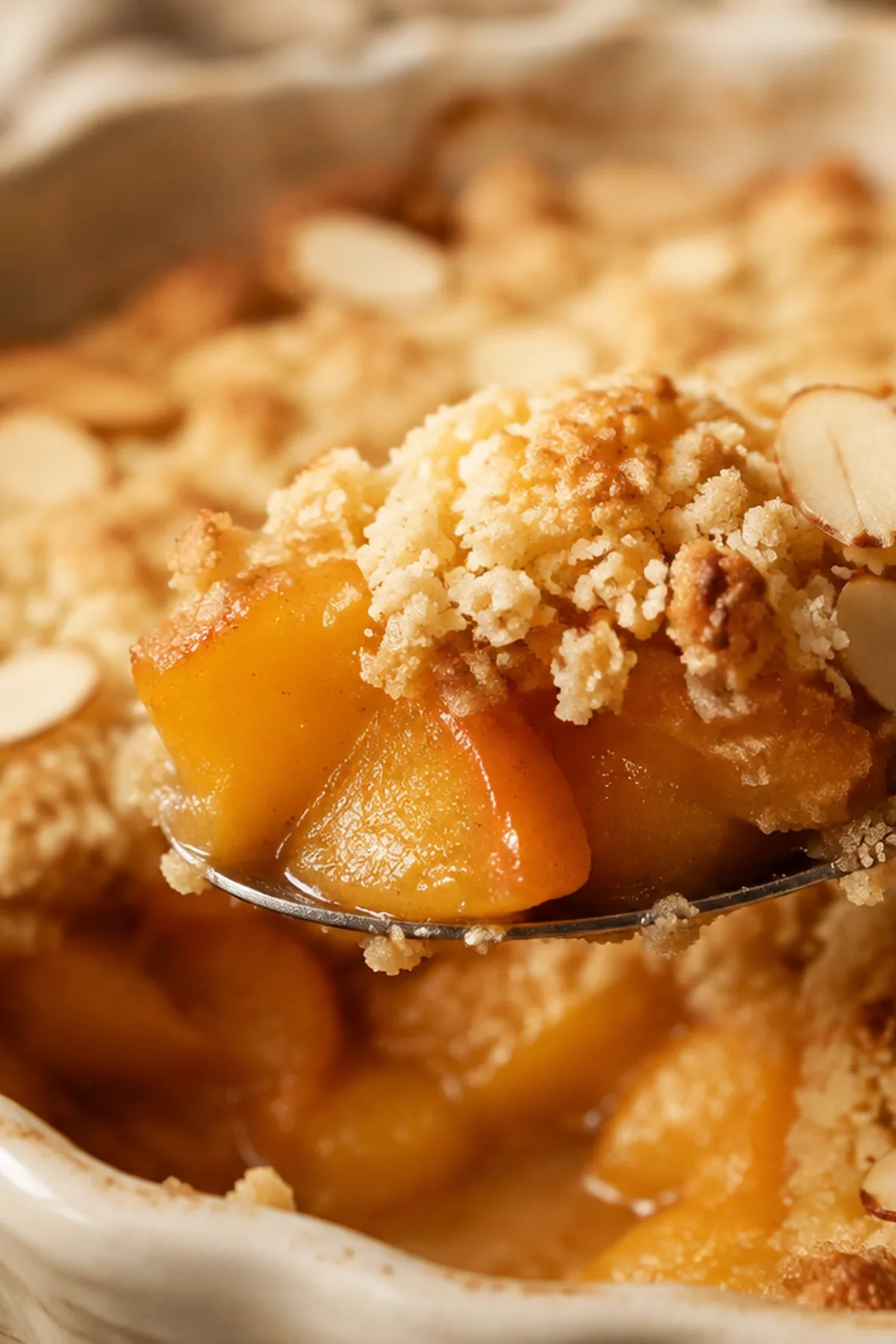Crumble de pêches à la vanille et aux amandes prêt à servir