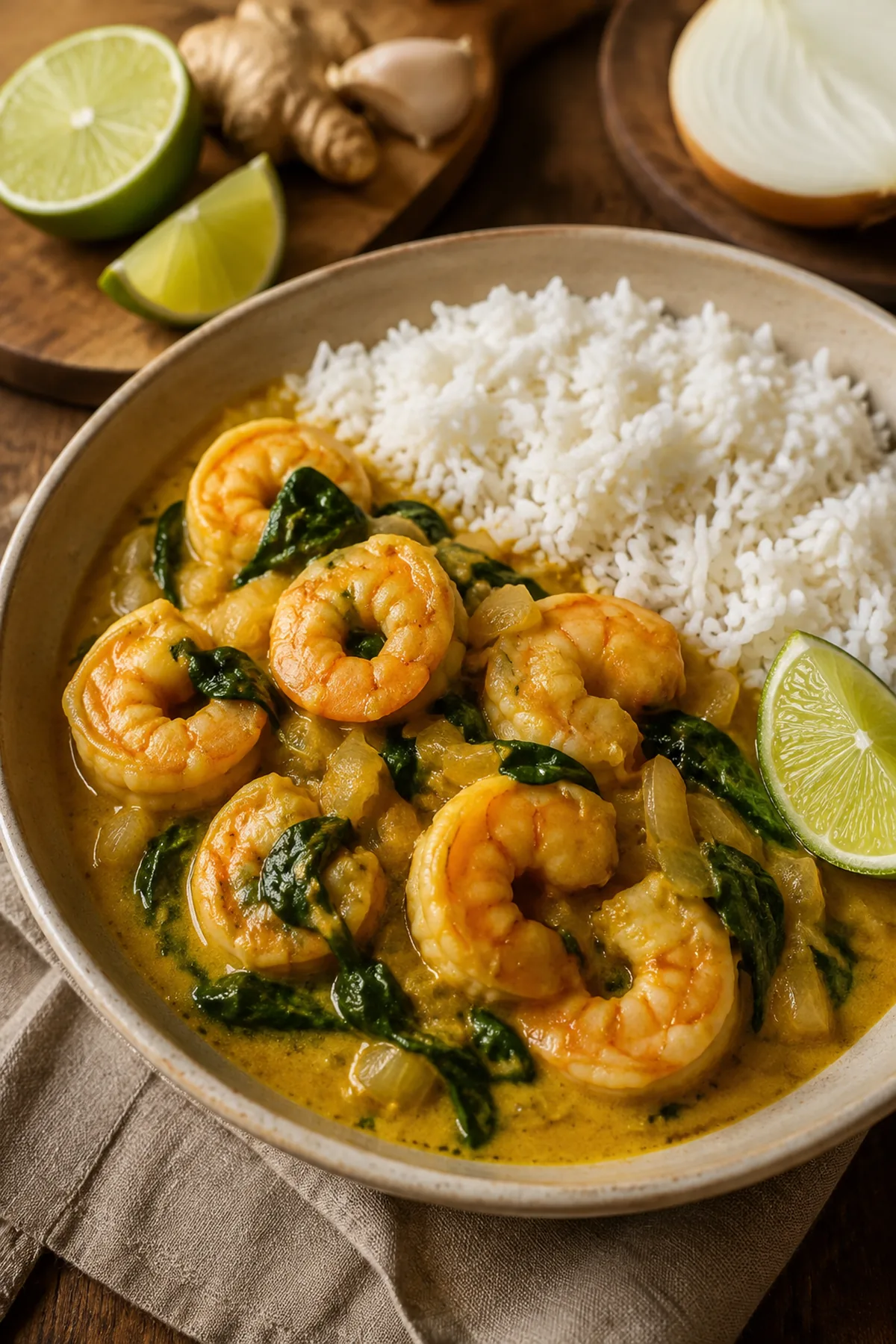 Curry de crevettes au lait de coco et aux épinards