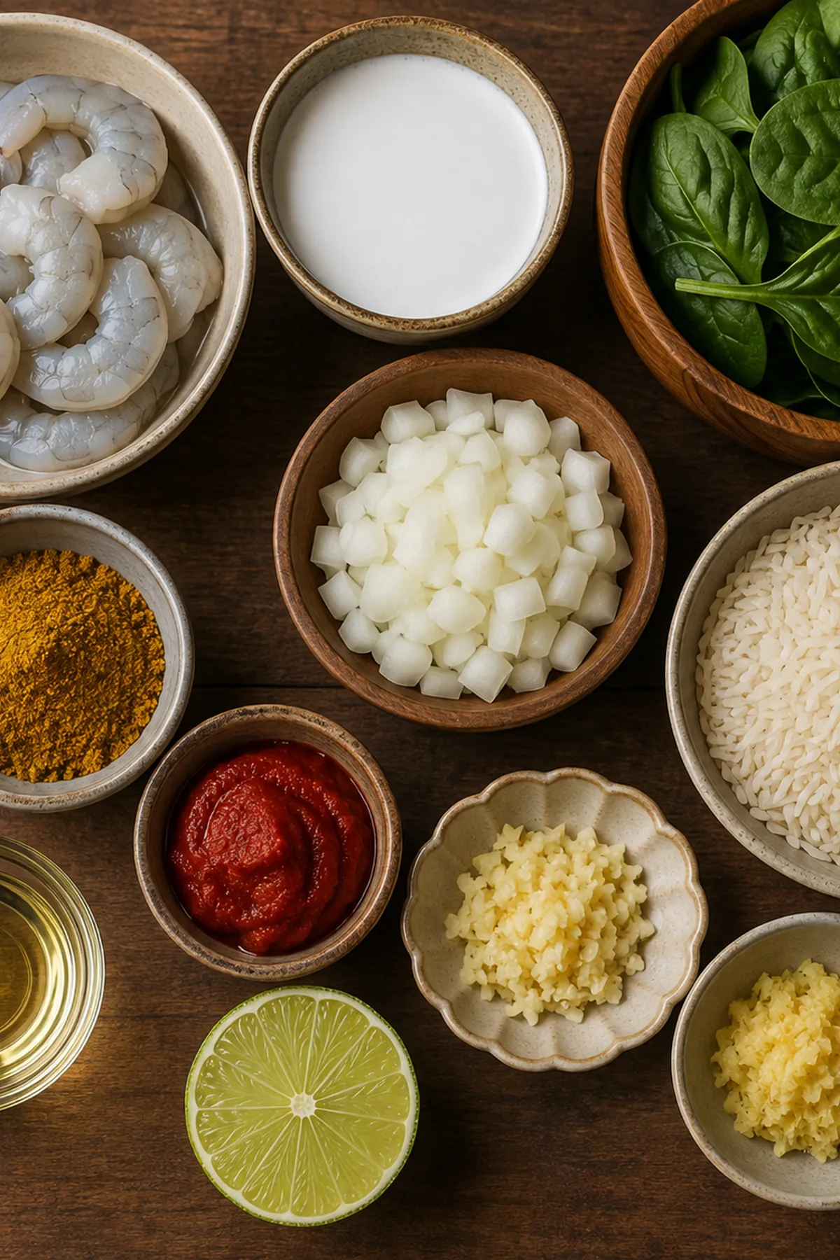 Ingrédients pour Curry de crevettes au lait de coco et aux épinards