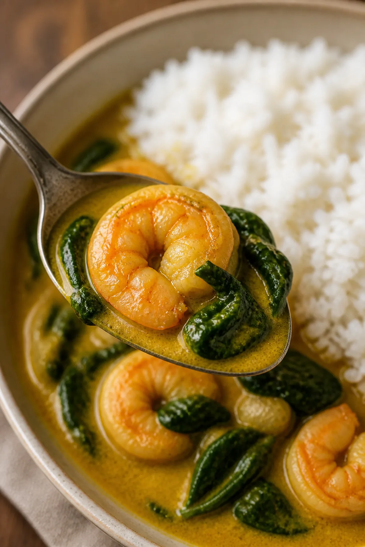 Curry de crevettes au lait de coco et aux épinards prêt à servir