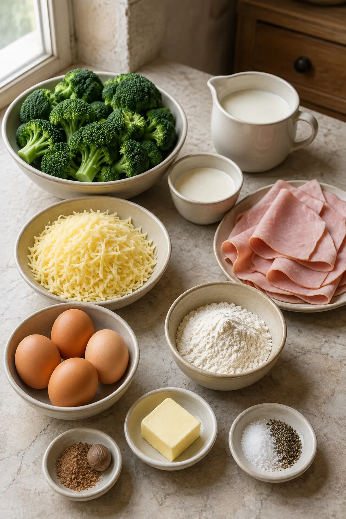 Ingrédients pour Flan de brocoli au jambon et au comté