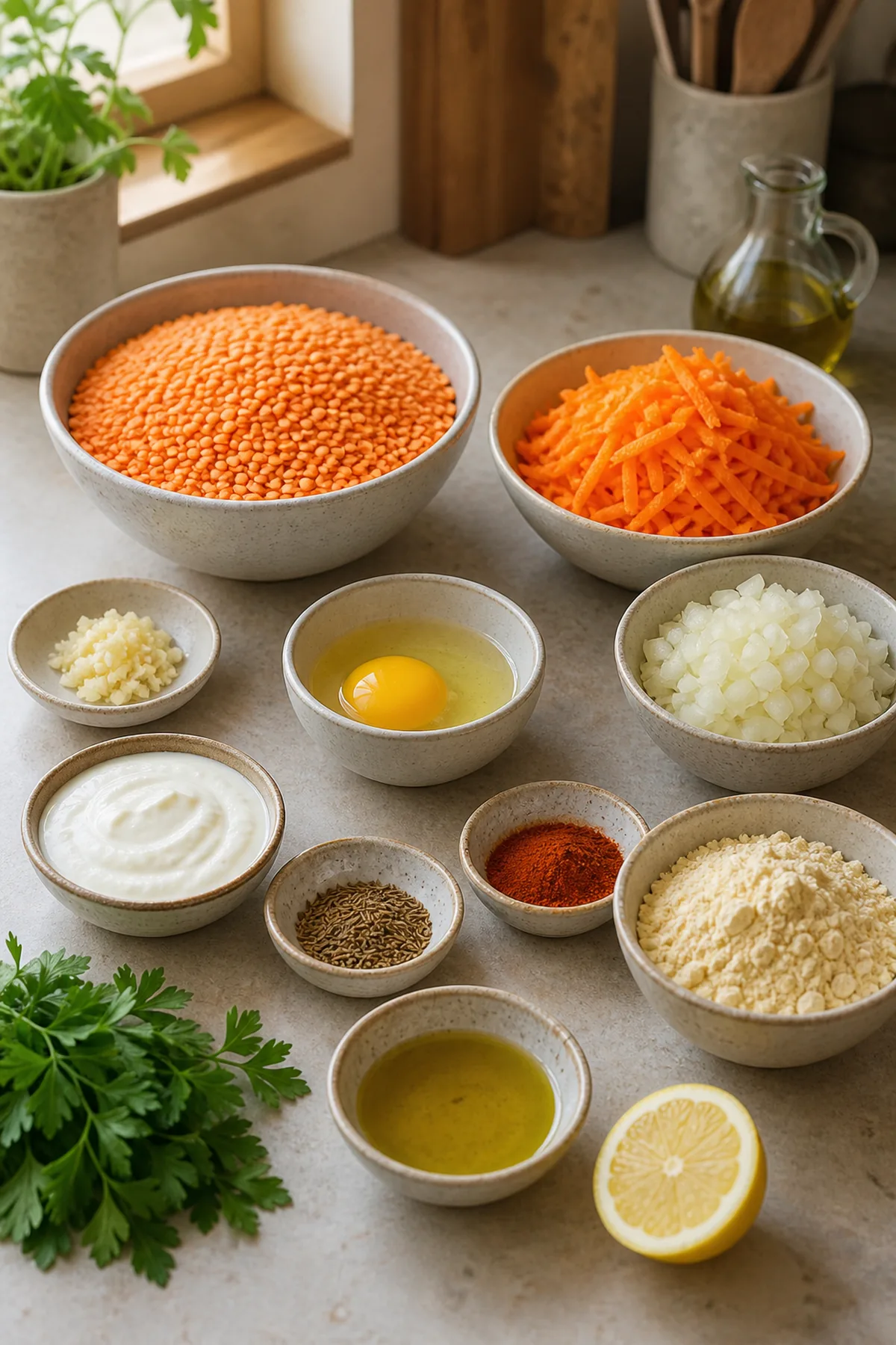 Ingrédients pour Galettes de lentilles corail, carottes et cumin
