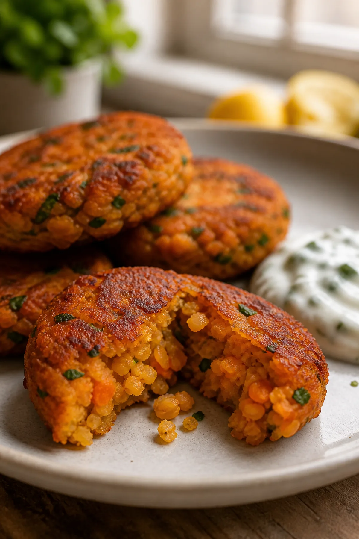 Galettes de lentilles corail, carottes et cumin prêt à servir