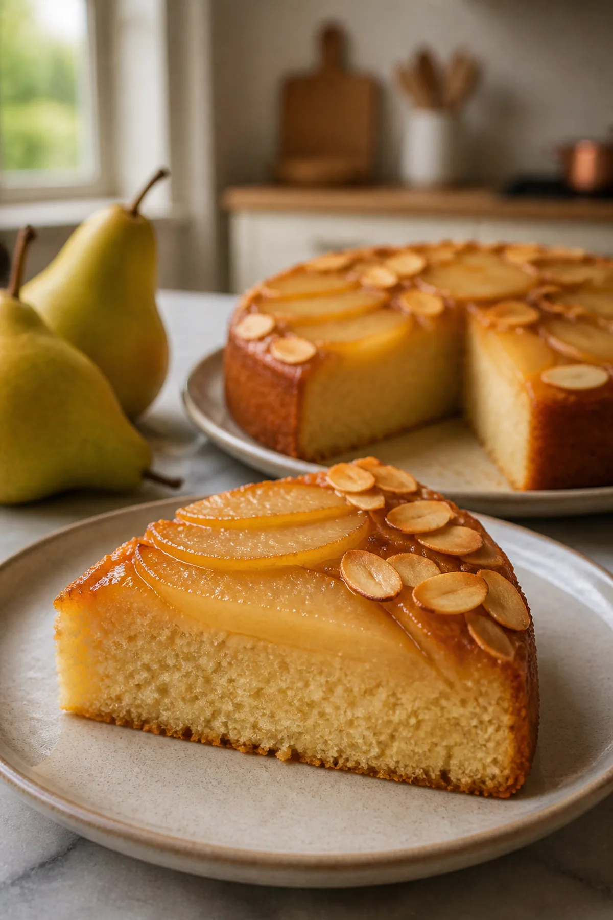 Gâteau renversé aux poires et aux amandes prêt à servir