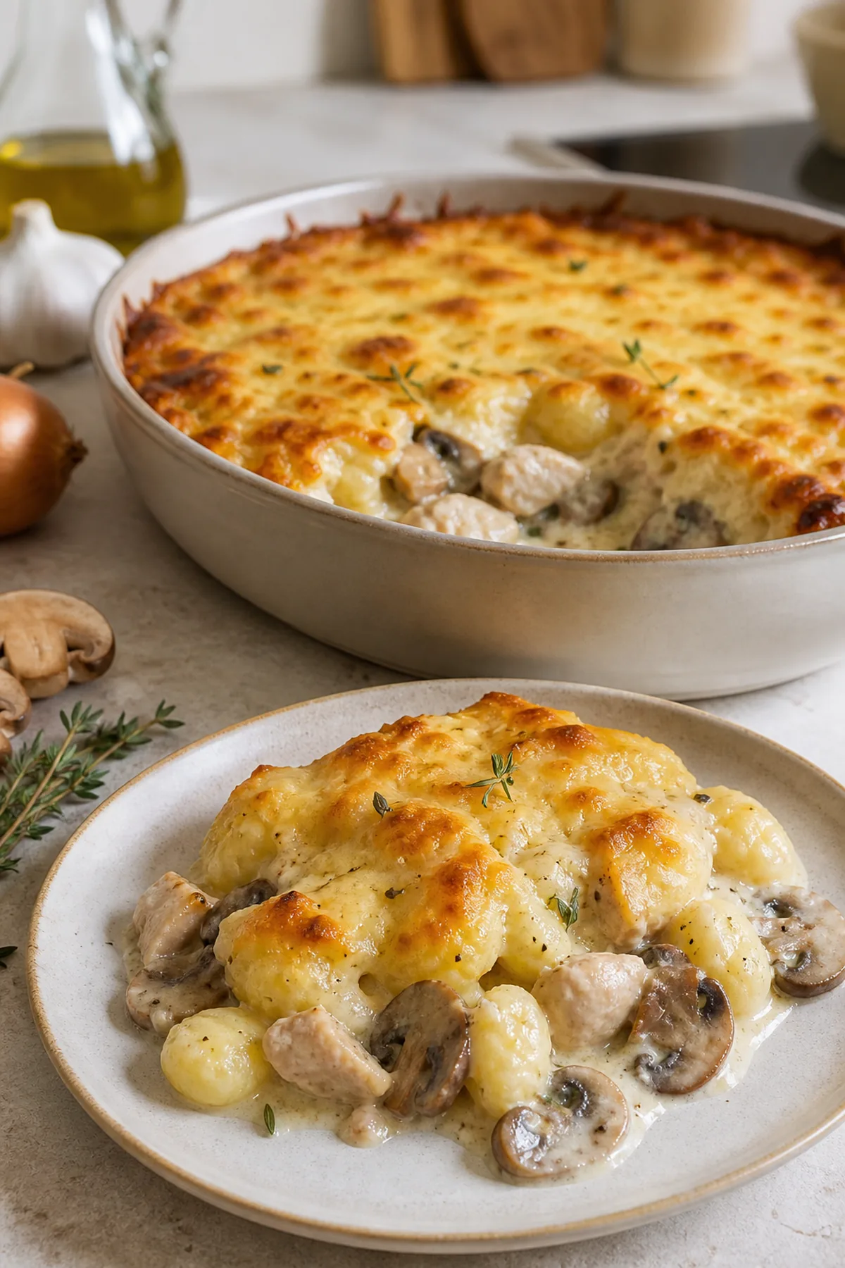 Gratin de gnocchis au poulet et aux champignons