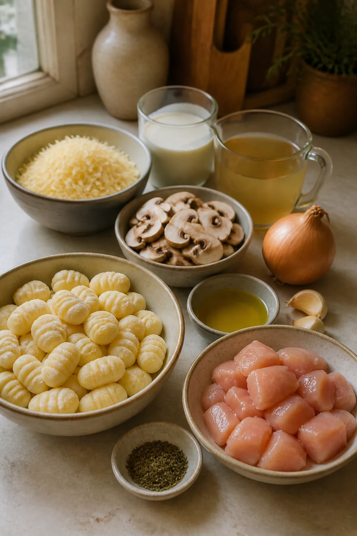 Ingrédients pour Gratin de gnocchis au poulet et aux champignons