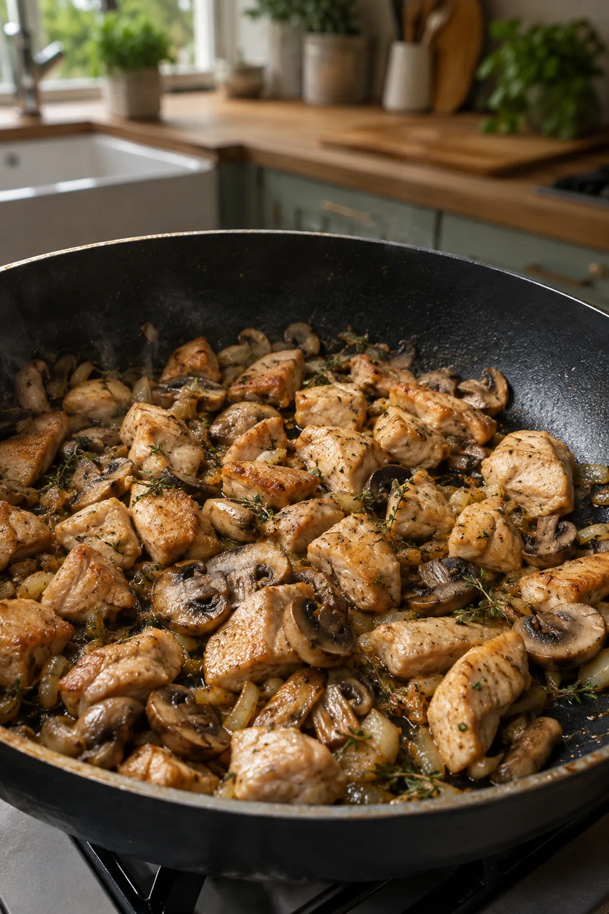 Préparation de Gratin de gnocchis au poulet et aux champignons