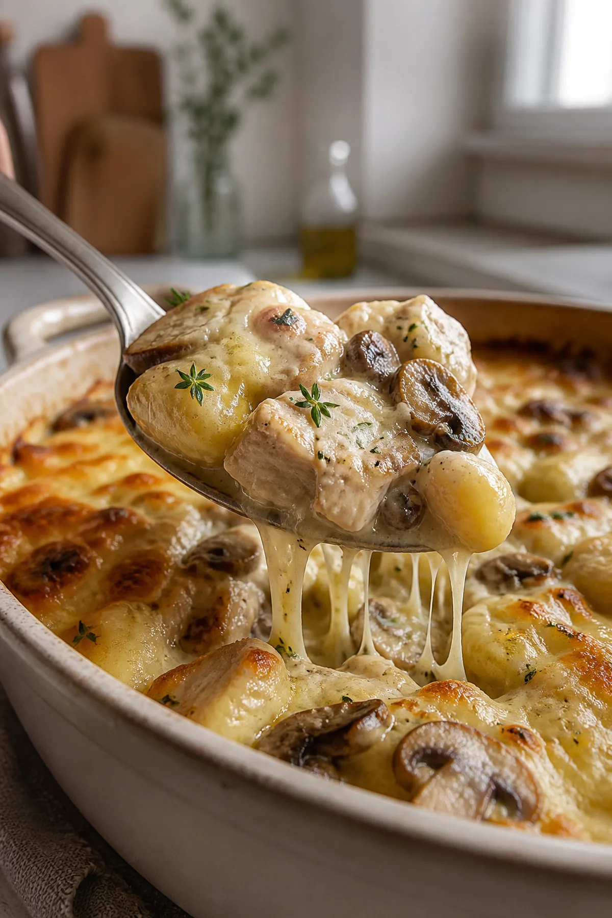 Gratin de gnocchis au poulet et aux champignons prêt à servir