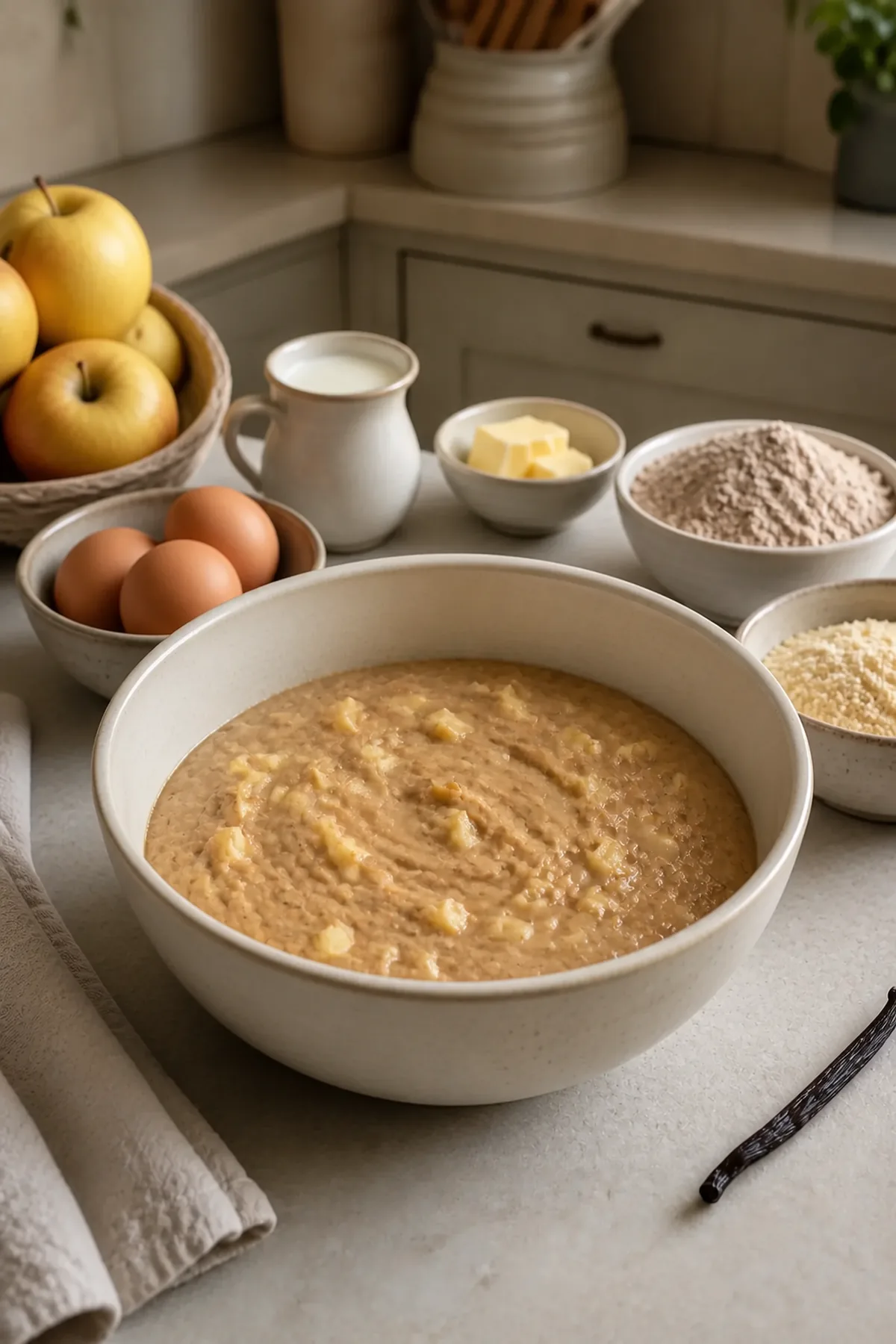 Pâte du moelleux à la châtaigne avec des morceaux de pomme